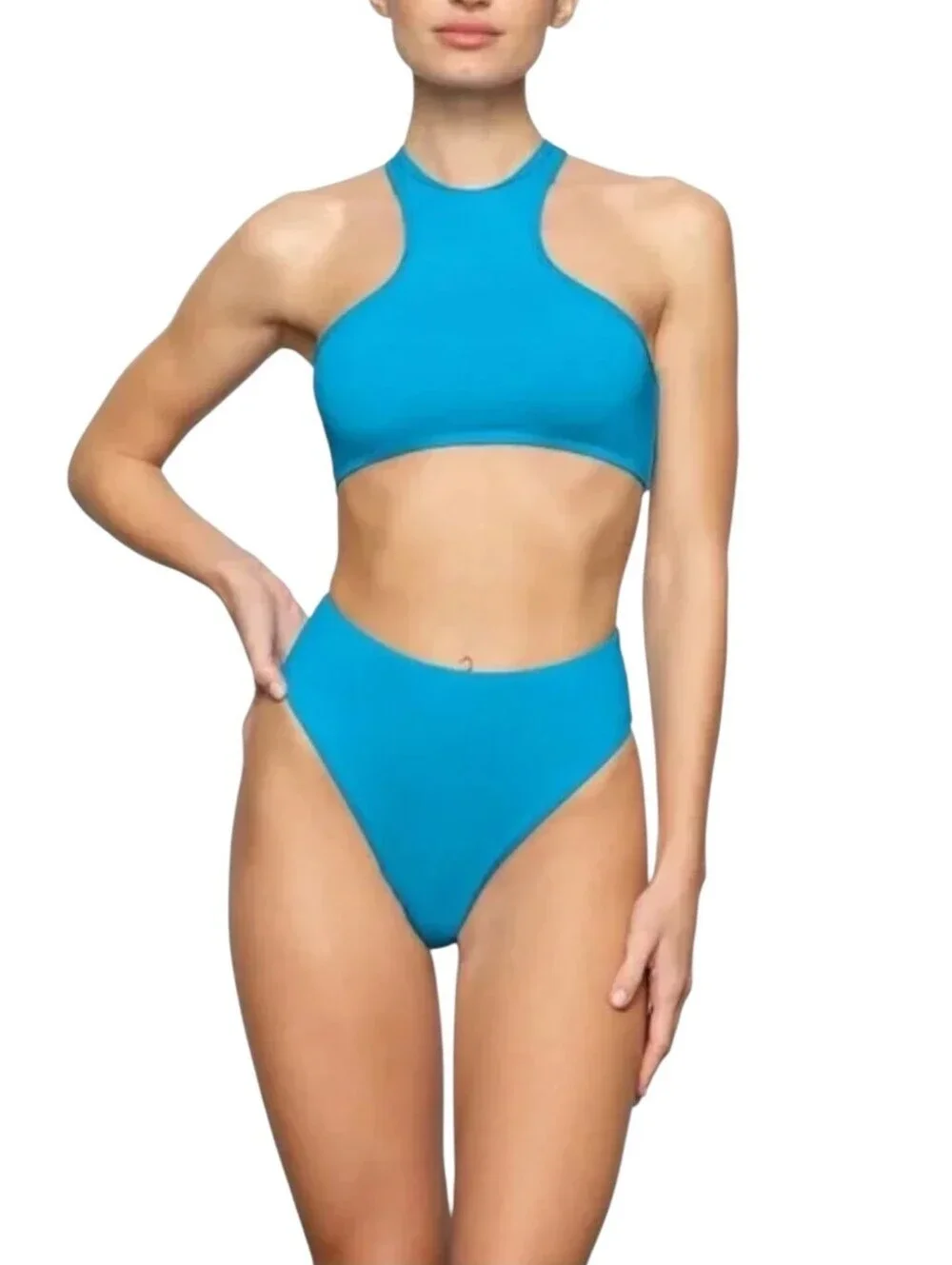 NWT SKIMS Recycled Swim High Neck Racerback Bikini Top Turquoise Blue Small